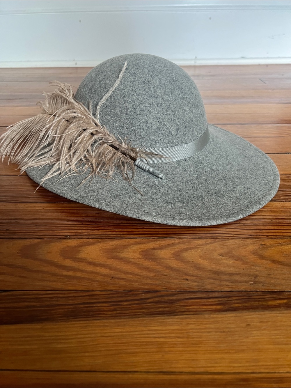 Vintage George W Bollman Grey Wool Felt Wide Brim Hat Ostrich Feather Plume